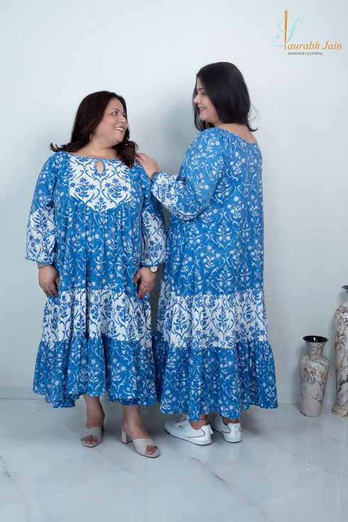 BLUE/WHITE COTTON JAIPURI DRESS